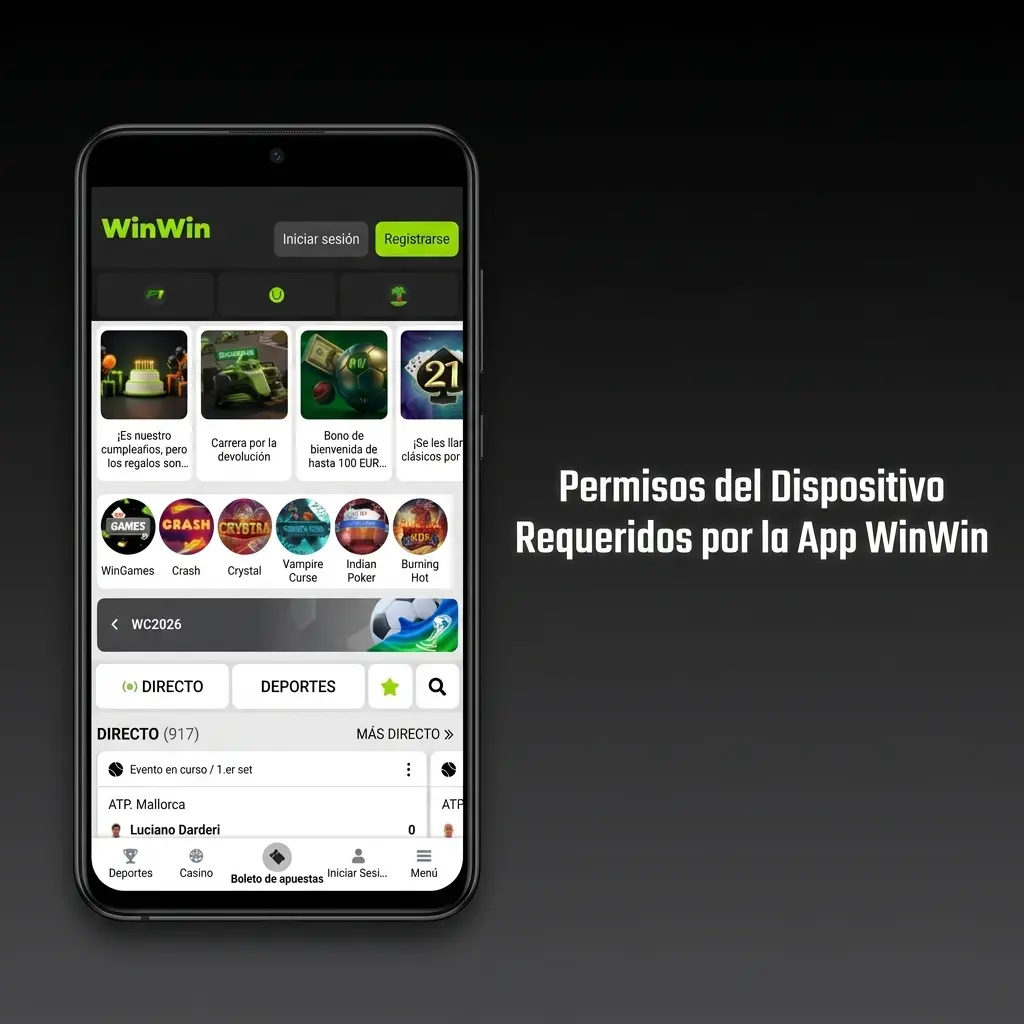 Permisos del dispositivo requeridos por la app WinWin en Android: almacenamiento, internet, notificaciones y cámara KYC