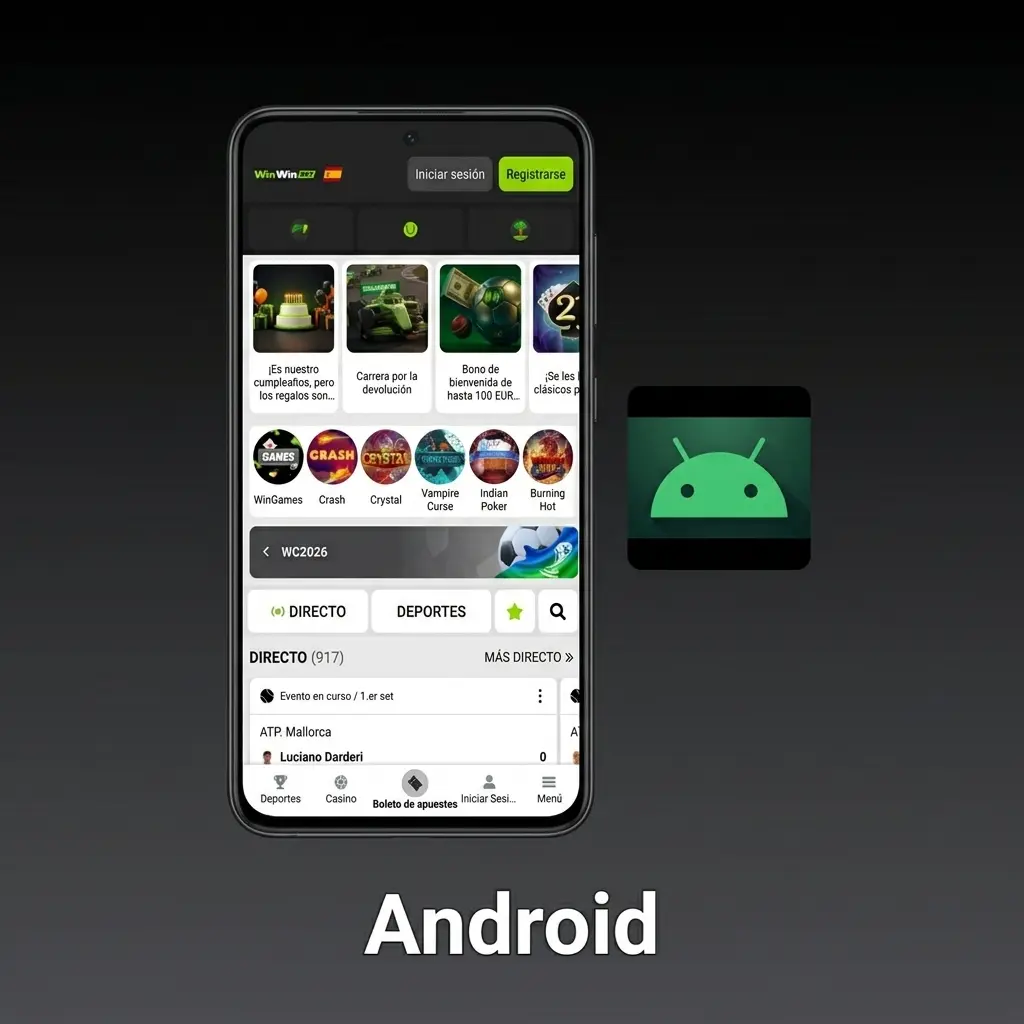 App WinWin para Android mostrando pasos de instalación de APK en smartphone compatible con Android 6.0