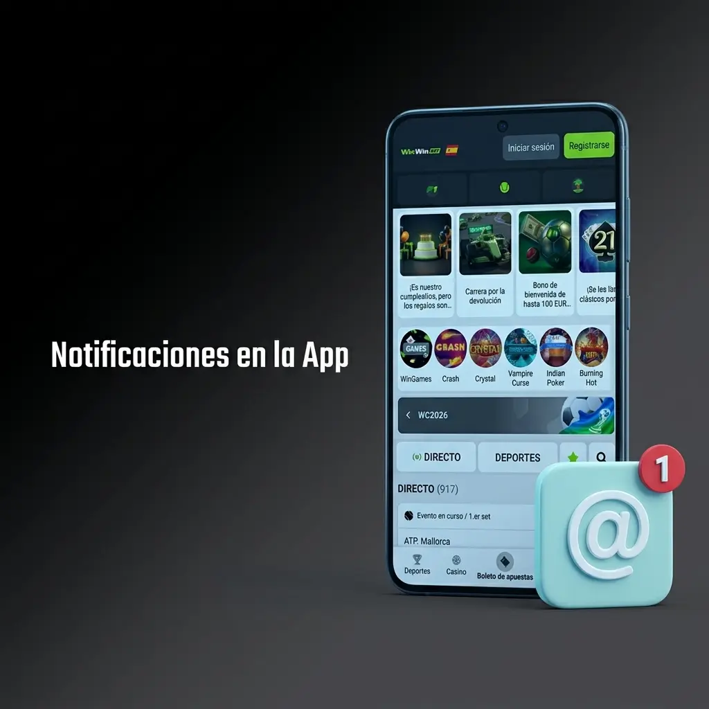 Sistema de notificaciones push de WinWin en app para Android e iOS con alertas de apuestas y transacciones