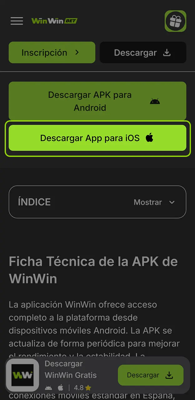 Descarga la aplicación WinWin para iOS.