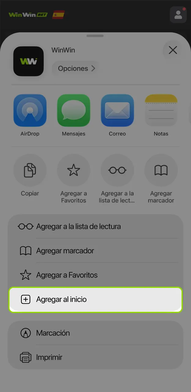 Crea un acceso directo en el móvil para la aplicación WinWin.