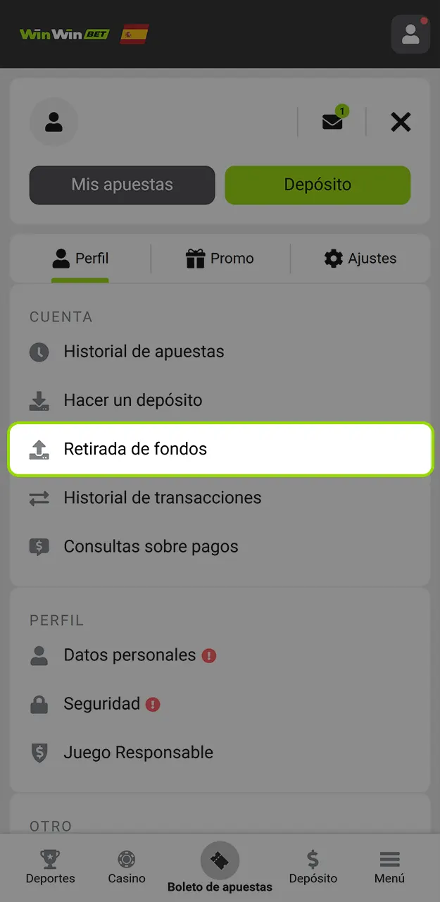 Abra la pestaña de pagos y accede a la sección de retiros de WinWin.