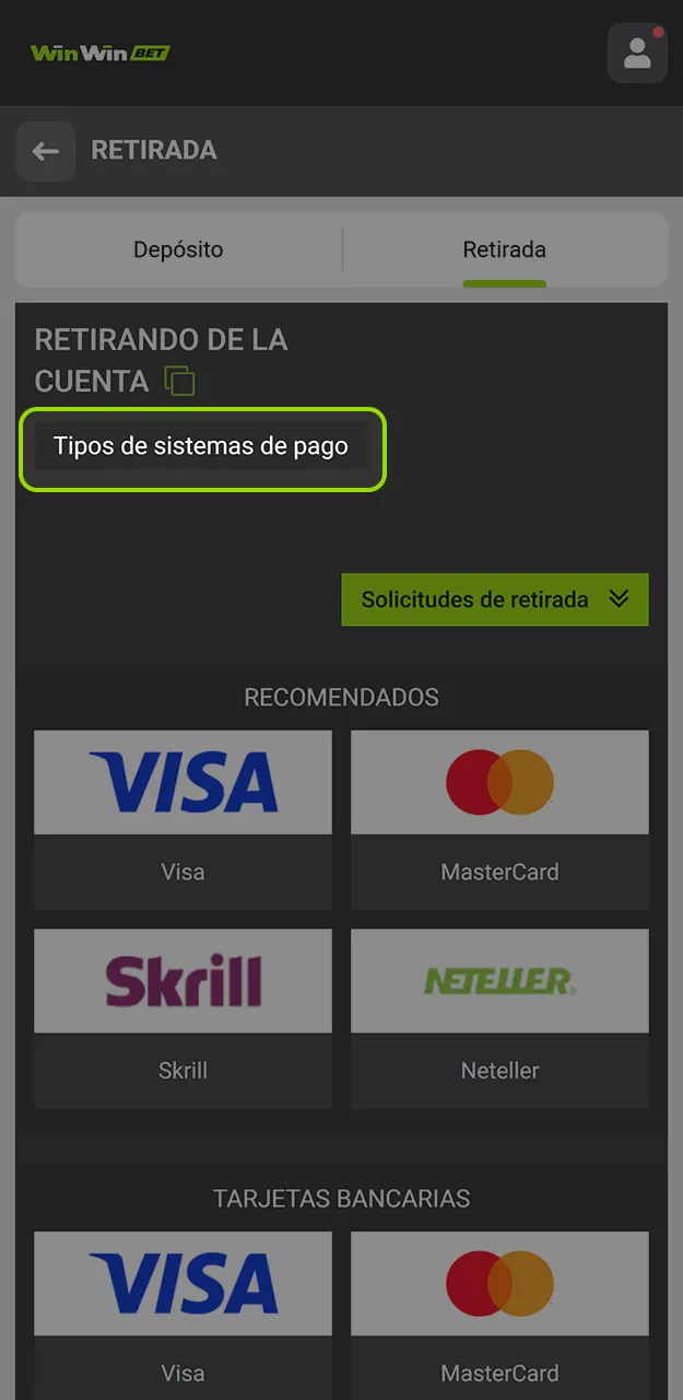 Elija su opción bancaria y selecciona el método de retirada en WinWin.