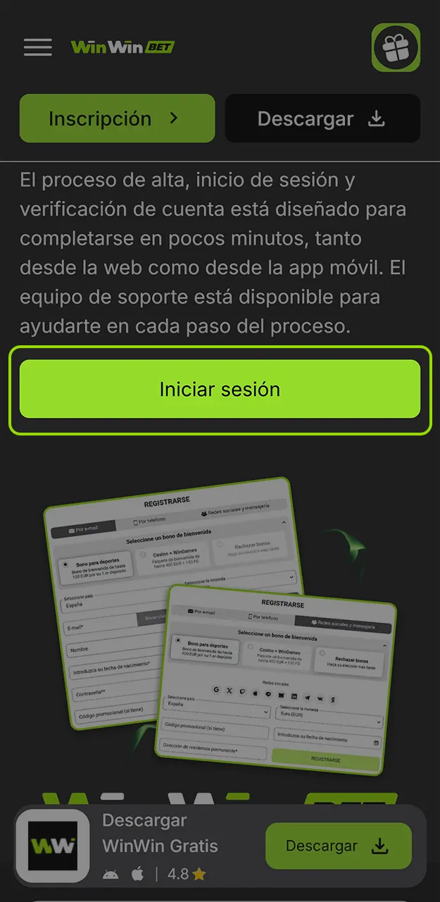 Inicie el panel de autorización y abre la página de login en WinWin.