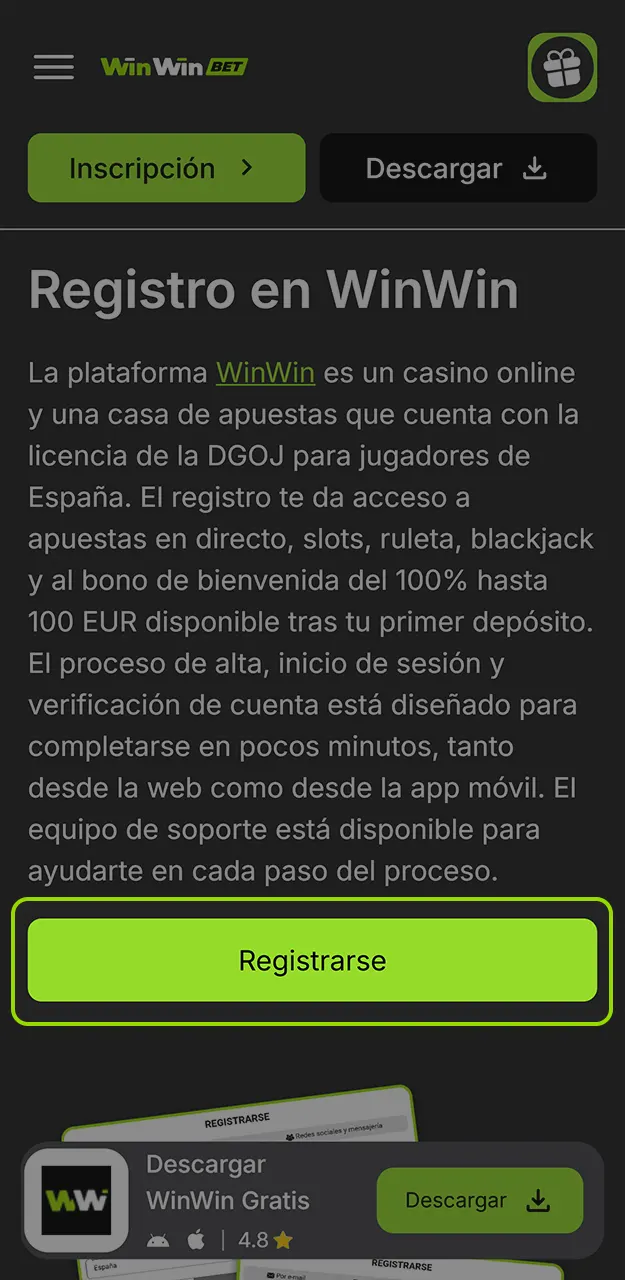 Accede al formulario de registro de WinWin.
