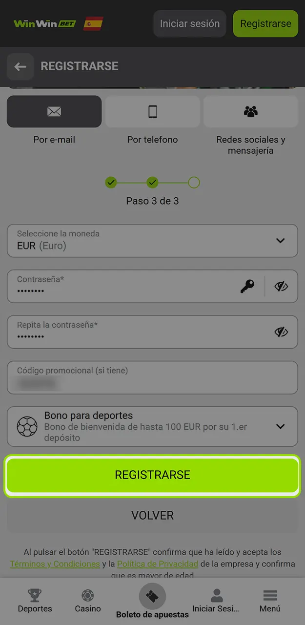 Acepta las condiciones y completa el registro en WinWin.