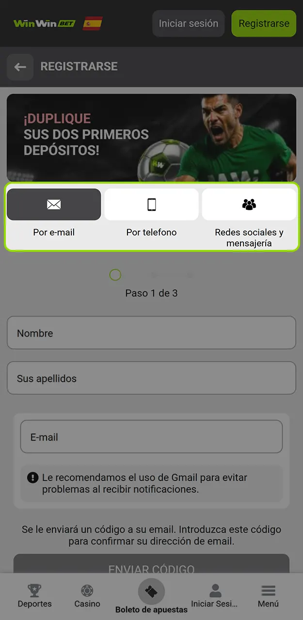 Elige tu método de registro en WinWin.