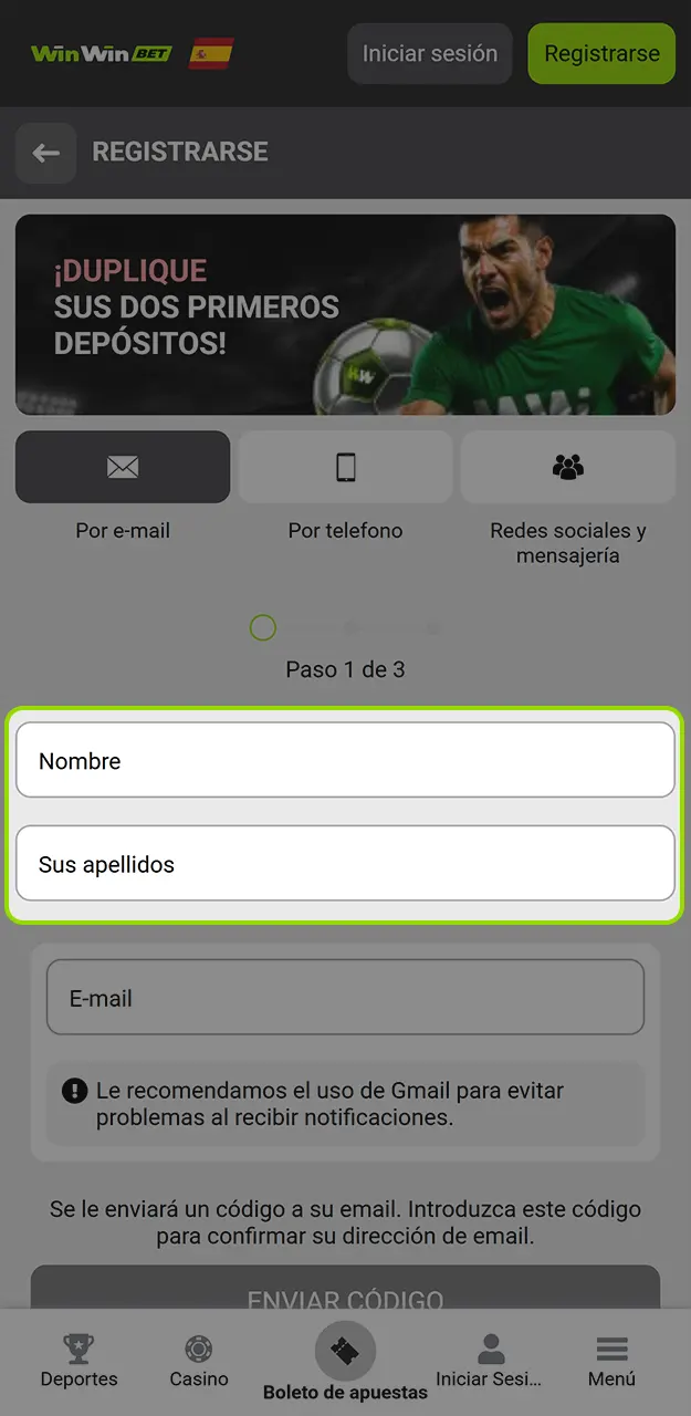 Rellene los campos vacíos e introduce tus datos personales en WinWin.