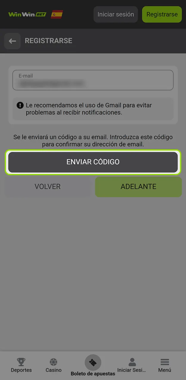 Ingrese el código enviado y verifica tu correo electrónico en WinWin.